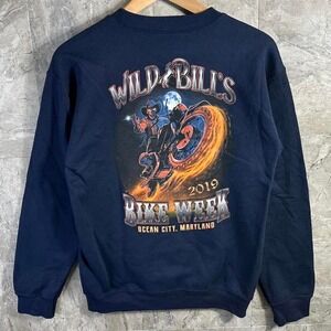 Wild Bill's 2019 Bike Week skeleton flames motorcycle, navy sweatshirt Size S